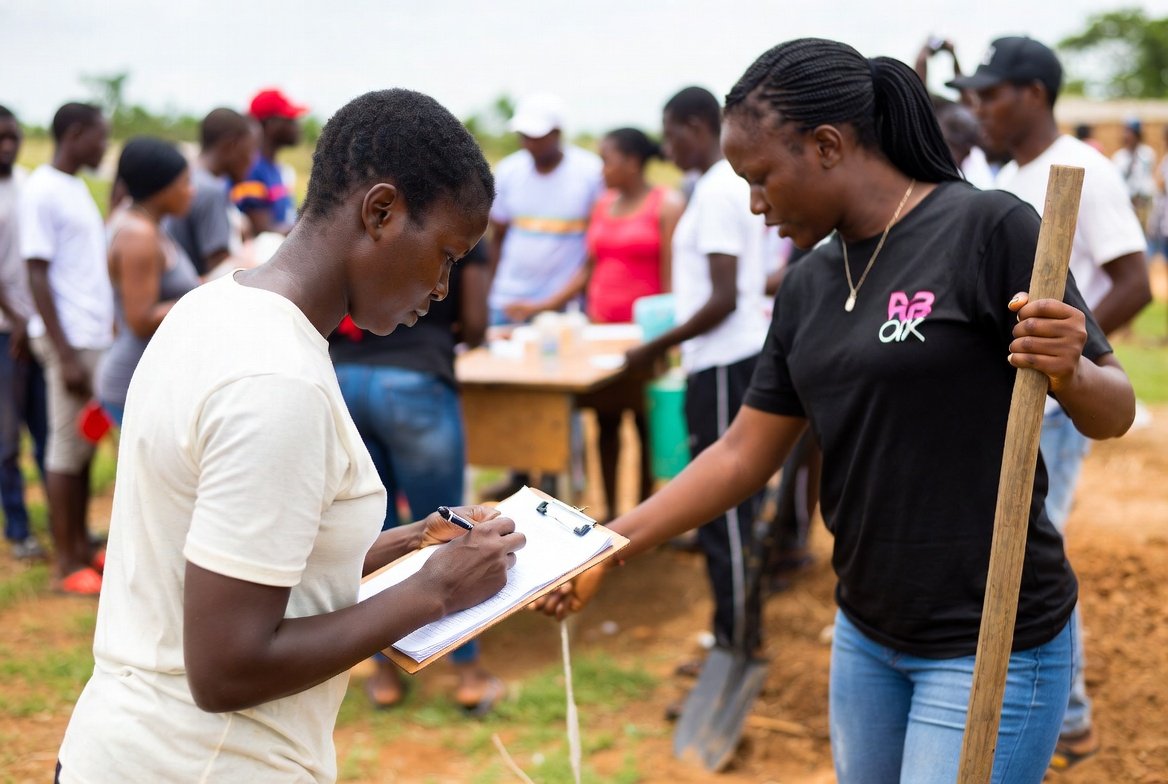 Children receiving school supplies